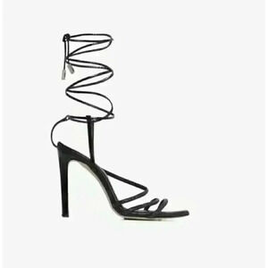 IRO PARIS IDO High Black Strass Leather Sandal Heels Rhinestones Lace Up Sz 37/7